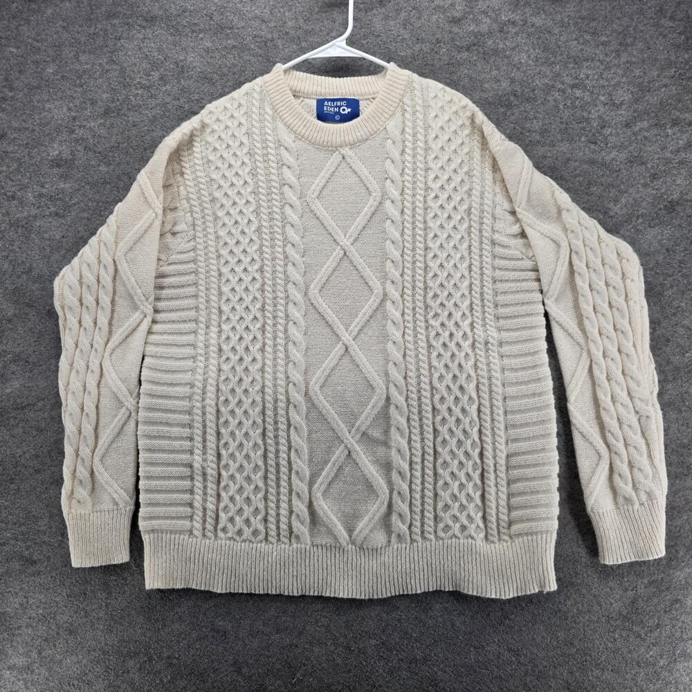 AELFRIC EDEN Sweater Mens XL White Cable-Knit Pullover Heavyweight Knit